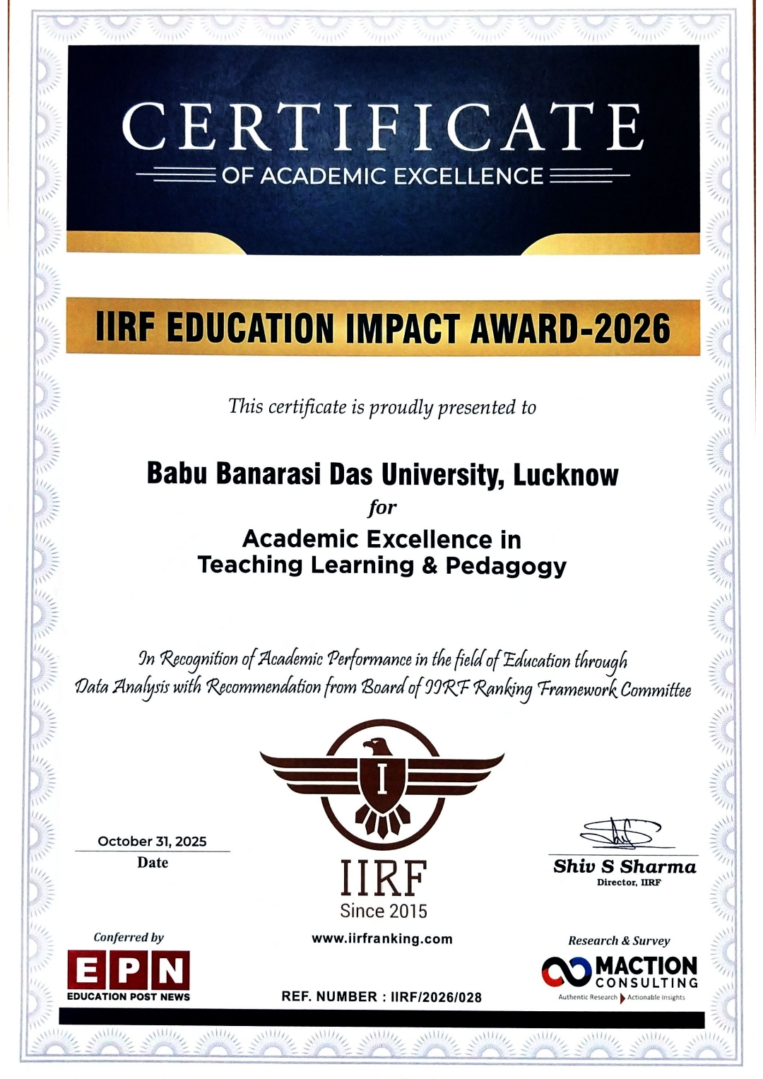 IIRF Education Impact Award 2026 – Certificate of Academic Excellence